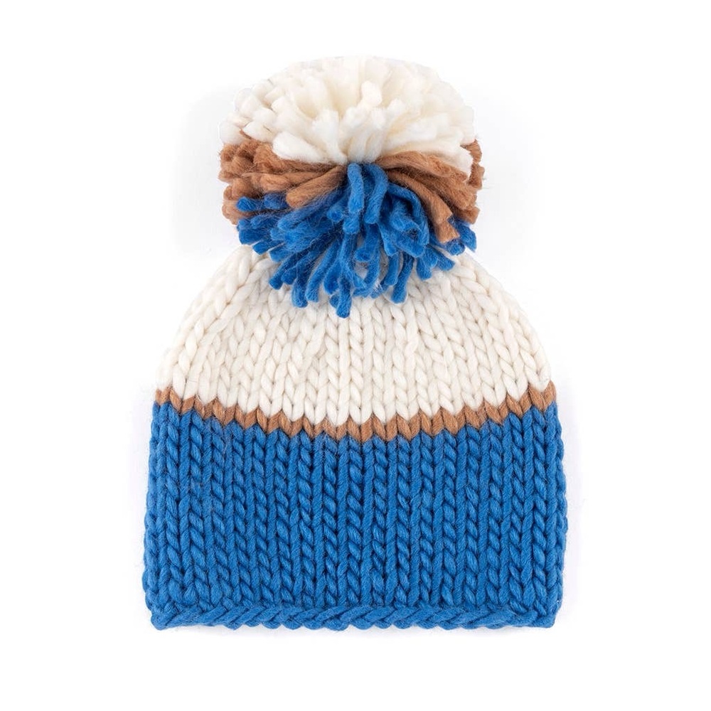 Shiraleah Blue White Brown Pom Pom Knit Beanie